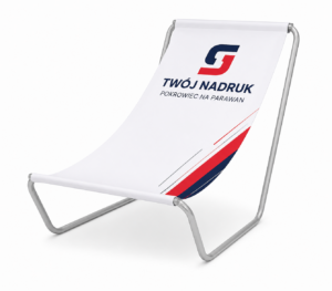 eżak plażowy z logo firmy i pełnokolorowym nadrukiem. Mobilny nośnik reklamy idealny na eventy, strefy relaksu, plaże i ogródki gastronomiczne.
